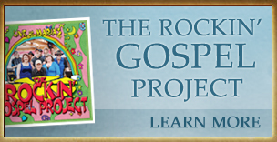 The Rockin Gospel Project album cover. Picture of band members posing framed by a rainbow and titles